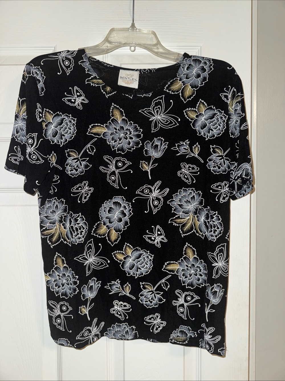 Vintage T.R Bentley Black Floral & Butterfly Short Sleeve Tee